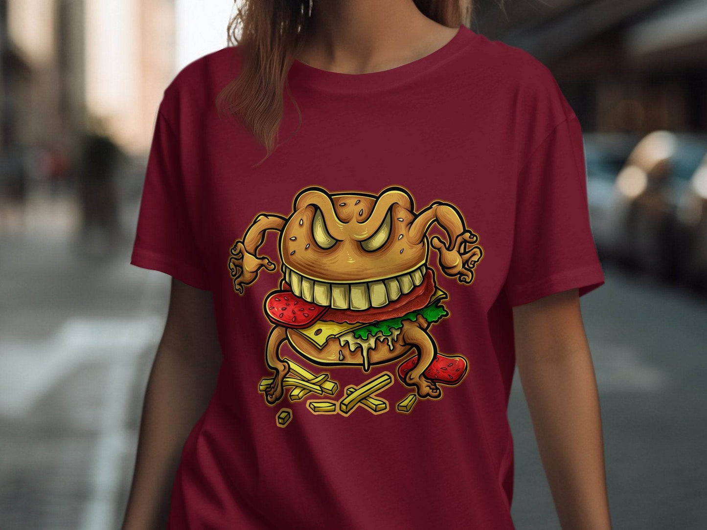 Quirky Cartoon Monster Cheeseburger Graphic T-Shirt - Design & Vybe