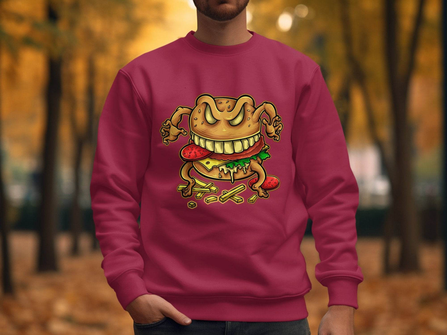 Quirky Cartoon Monster Cheeseburger Graphic Sweater - Design & Vybe