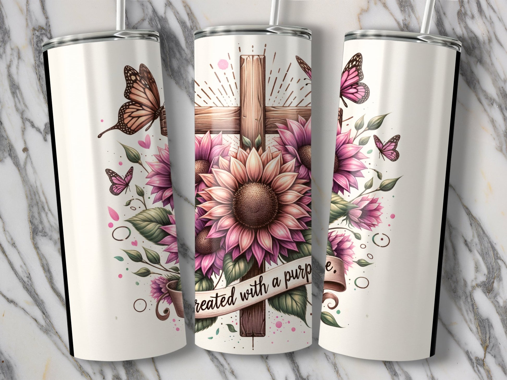 Sunflower and Butterfly Tumbler with Cross Design product