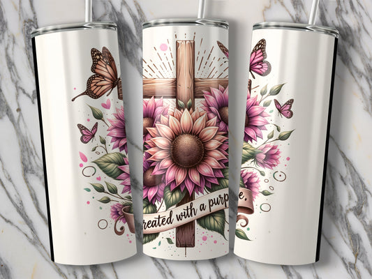 Sunflower and Butterfly Tumbler with Cross Design product