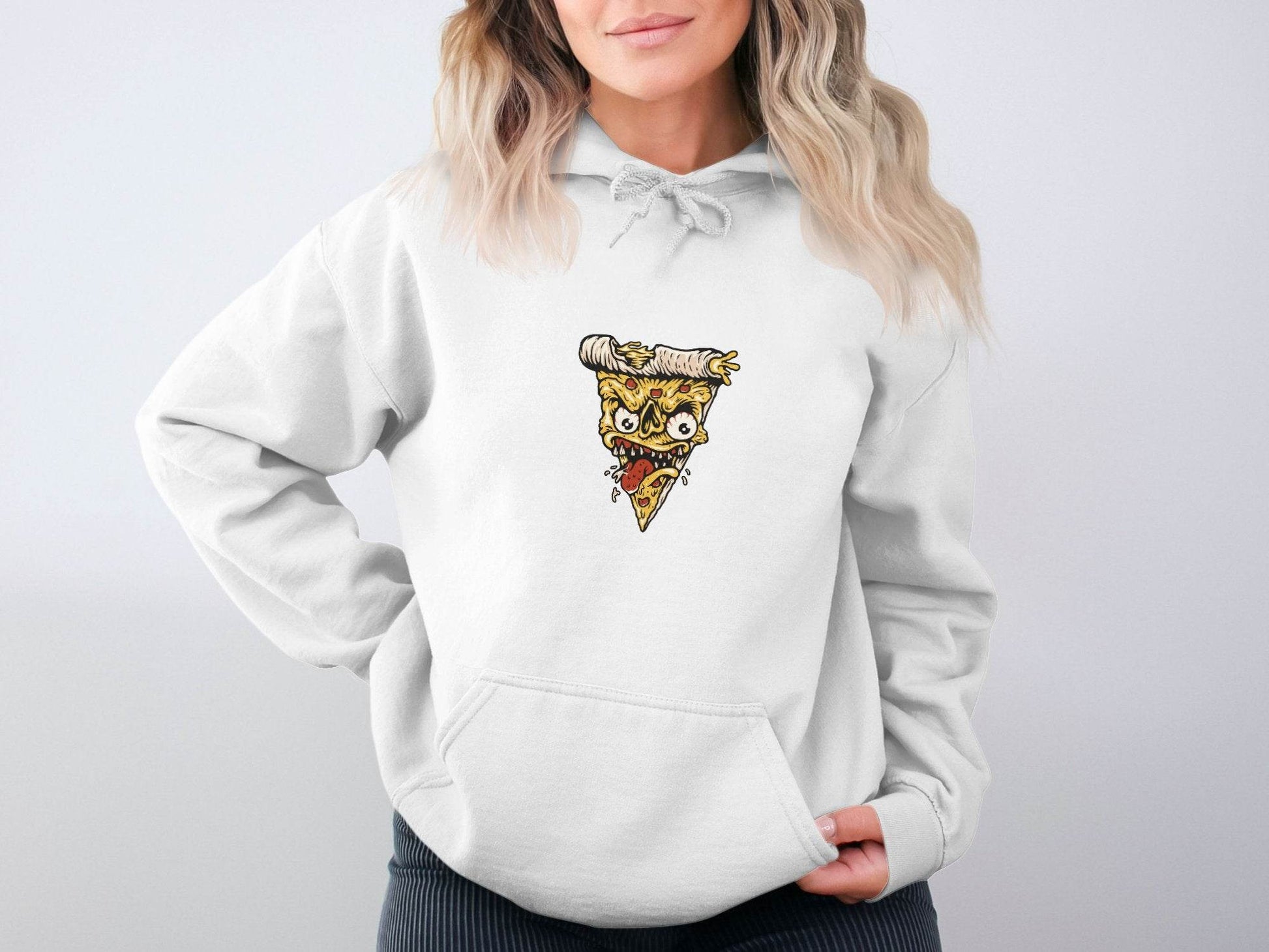 Creepy Pizza Slice with Evil Face Graphic Print Hoodie - Design & Vybe