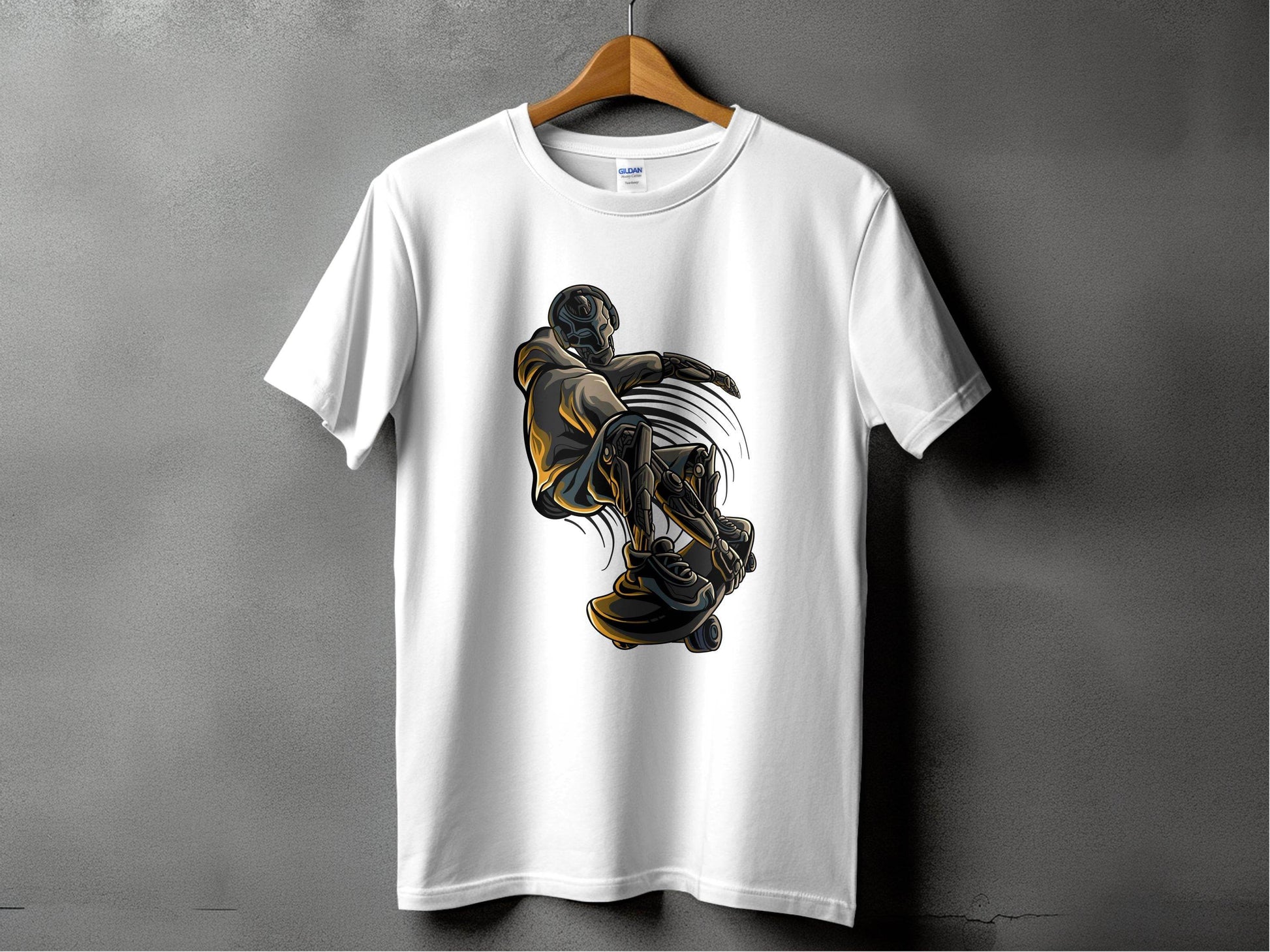 Futuristic Robot Skateboarding Graphic on Trendy T-Shirt - Design & Vybe