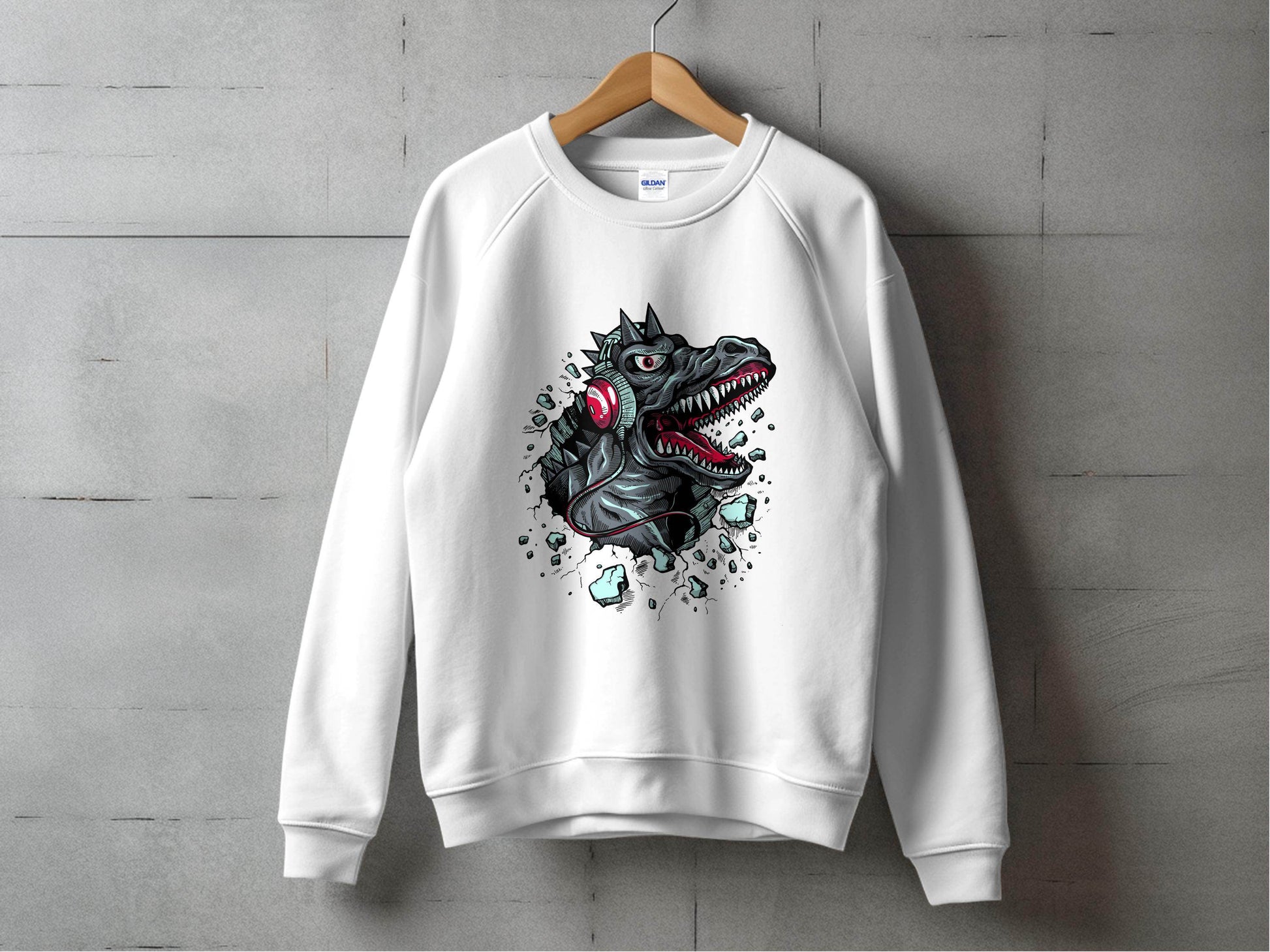 Fierce Dinosaur with Headphones Graphic Sweater - Design & Vybe