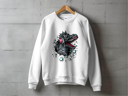 Fierce Dinosaur with Headphones Graphic Sweater - Design & Vybe
