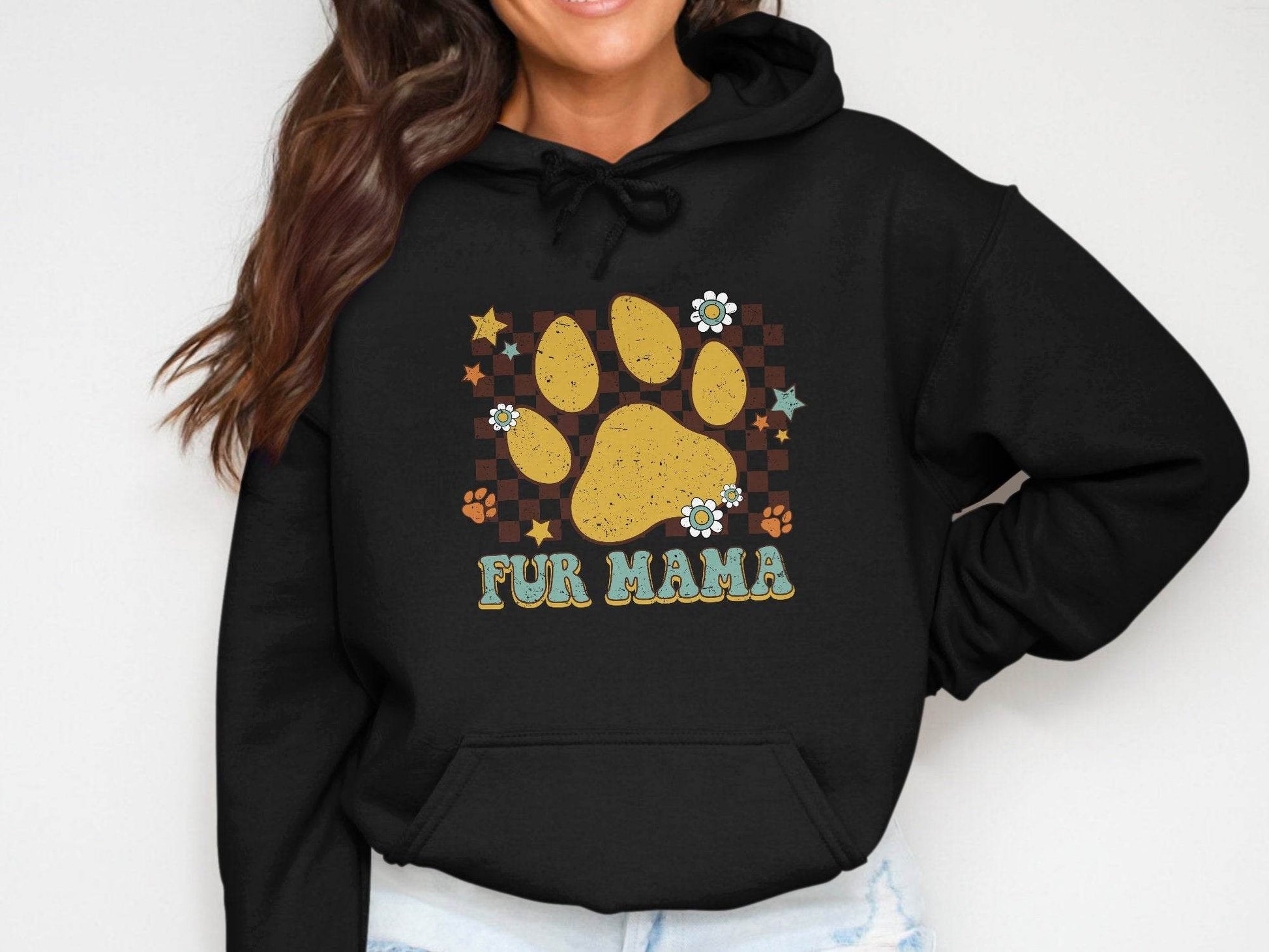 Fur Mama Paw Print Stars Flowers Checkered Pattern Hoodie - Design & Vybe