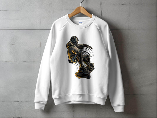 Futuristic Robot Skateboarding Graphic on Trendy Sweater - Design & Vybe