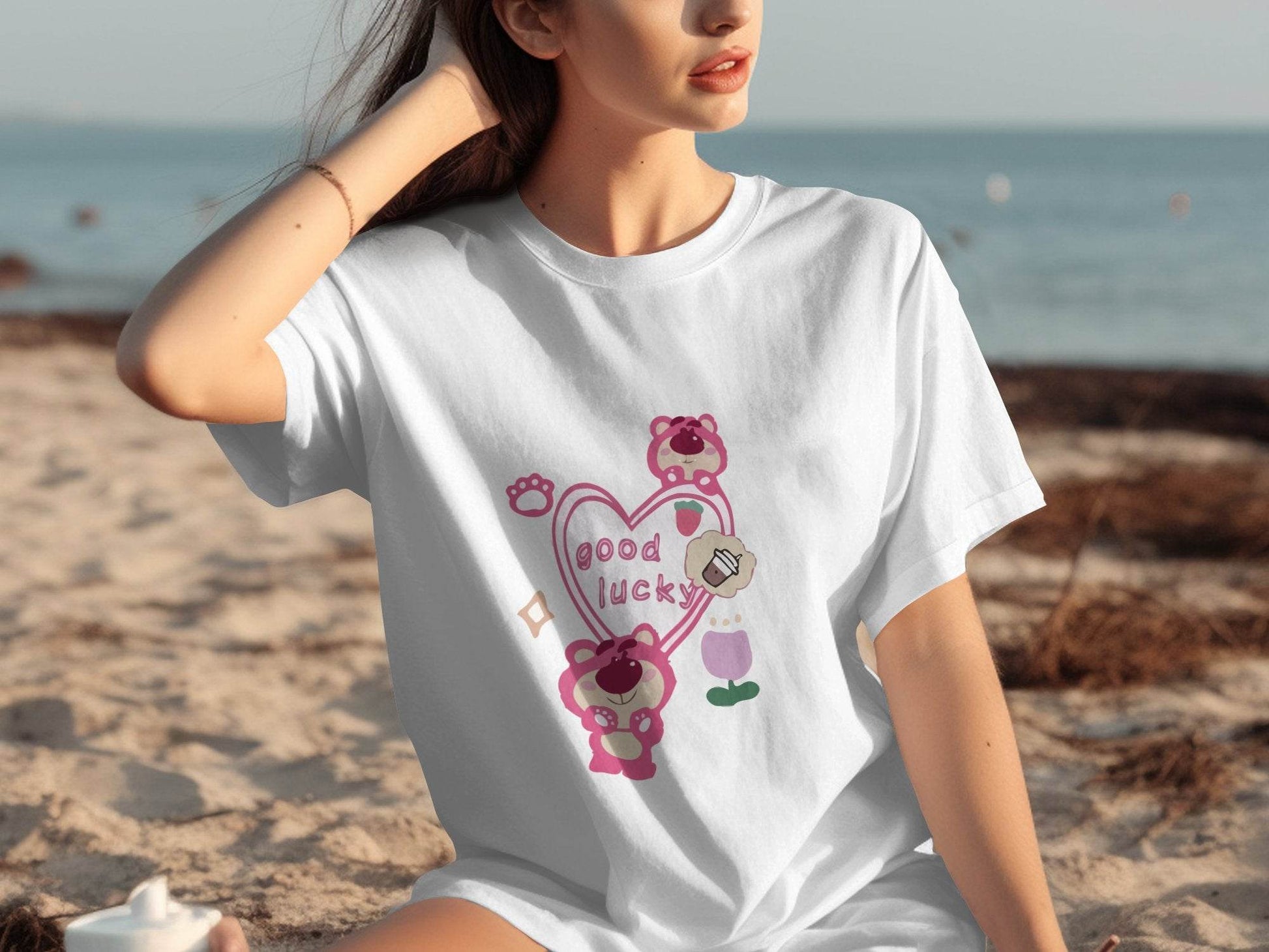 Cute Pink Bear With Good Lucky Heart Design T-Shirt - Design & Vybe