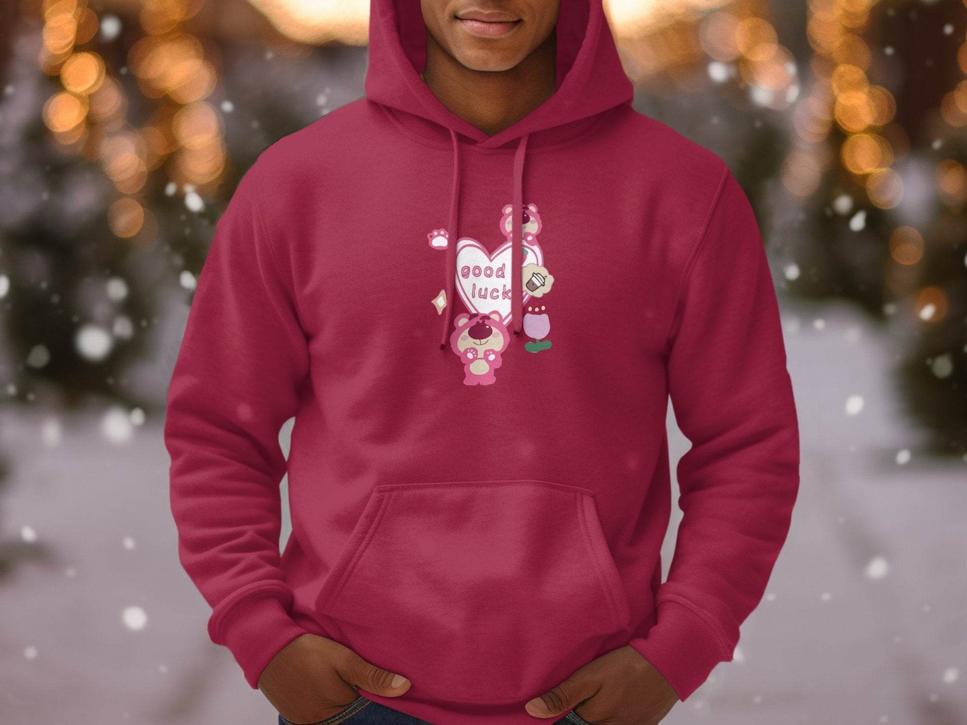 Cute Pink Bear With Good Lucky Heart Design Hoodie - Design & Vybe