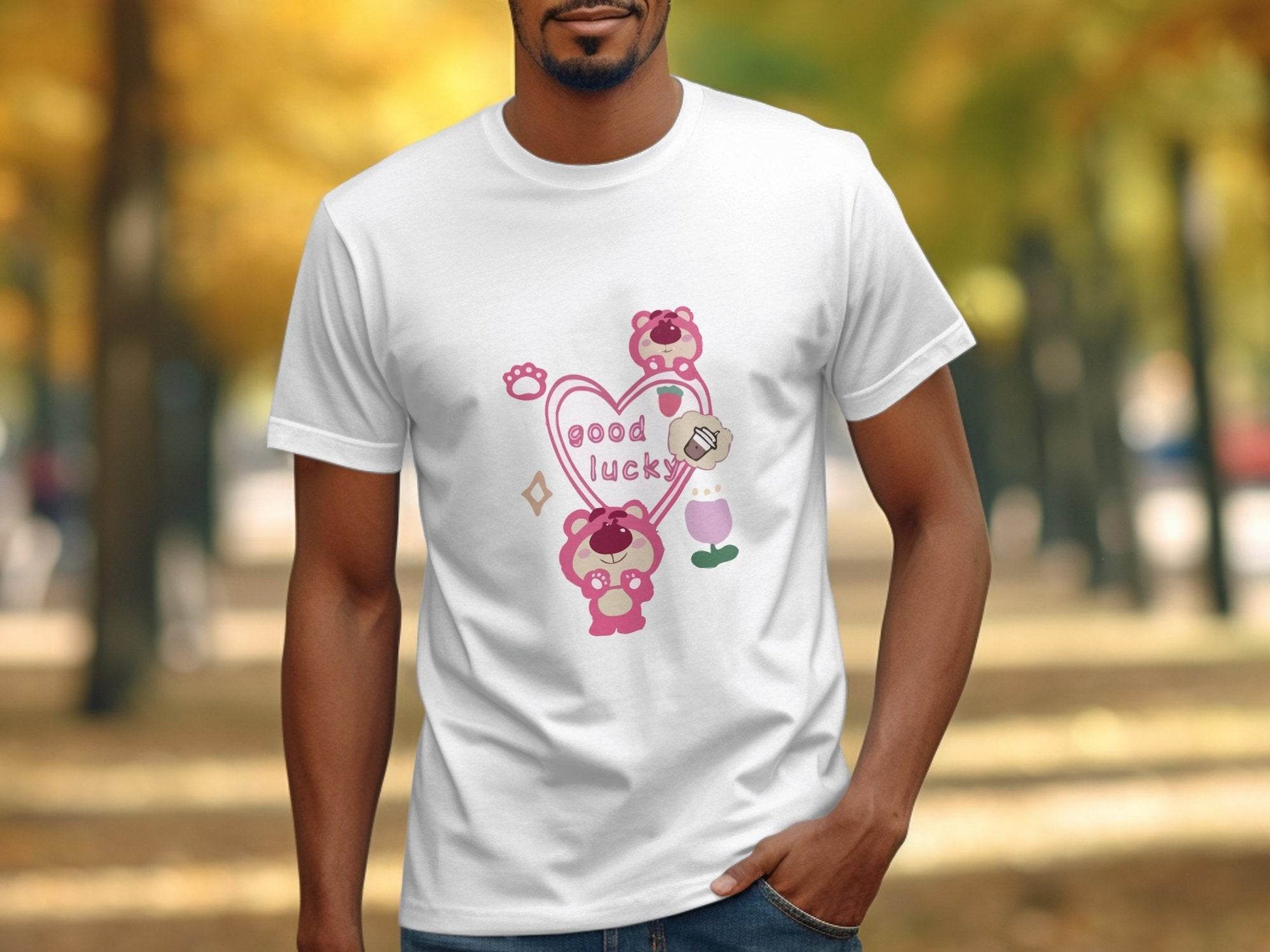 Cute Pink Bear With Good Lucky Heart Design T-Shirt - Design & Vybe