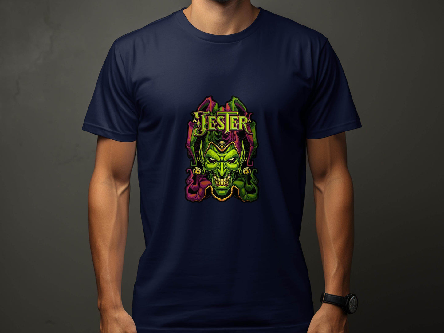 Wicked Jester Graphic Green Purple Gold Artwork T-Shirt - Design & Vybe