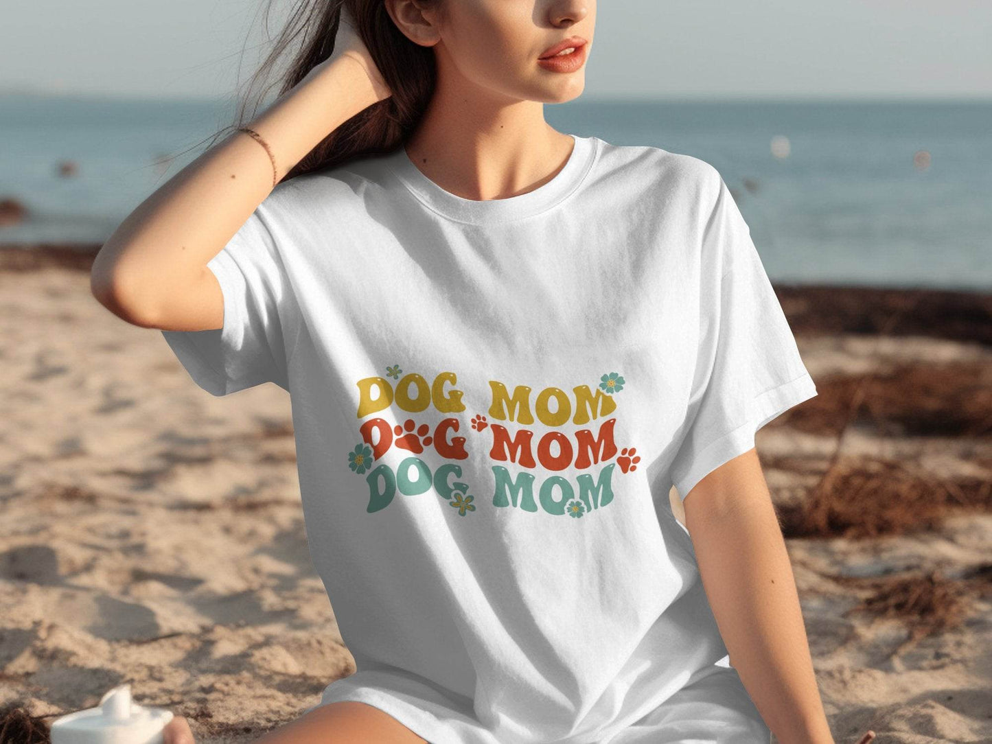 Dog Mom Retro Style with Flowers and Paw Prints T-Shirt - Design & Vybe
