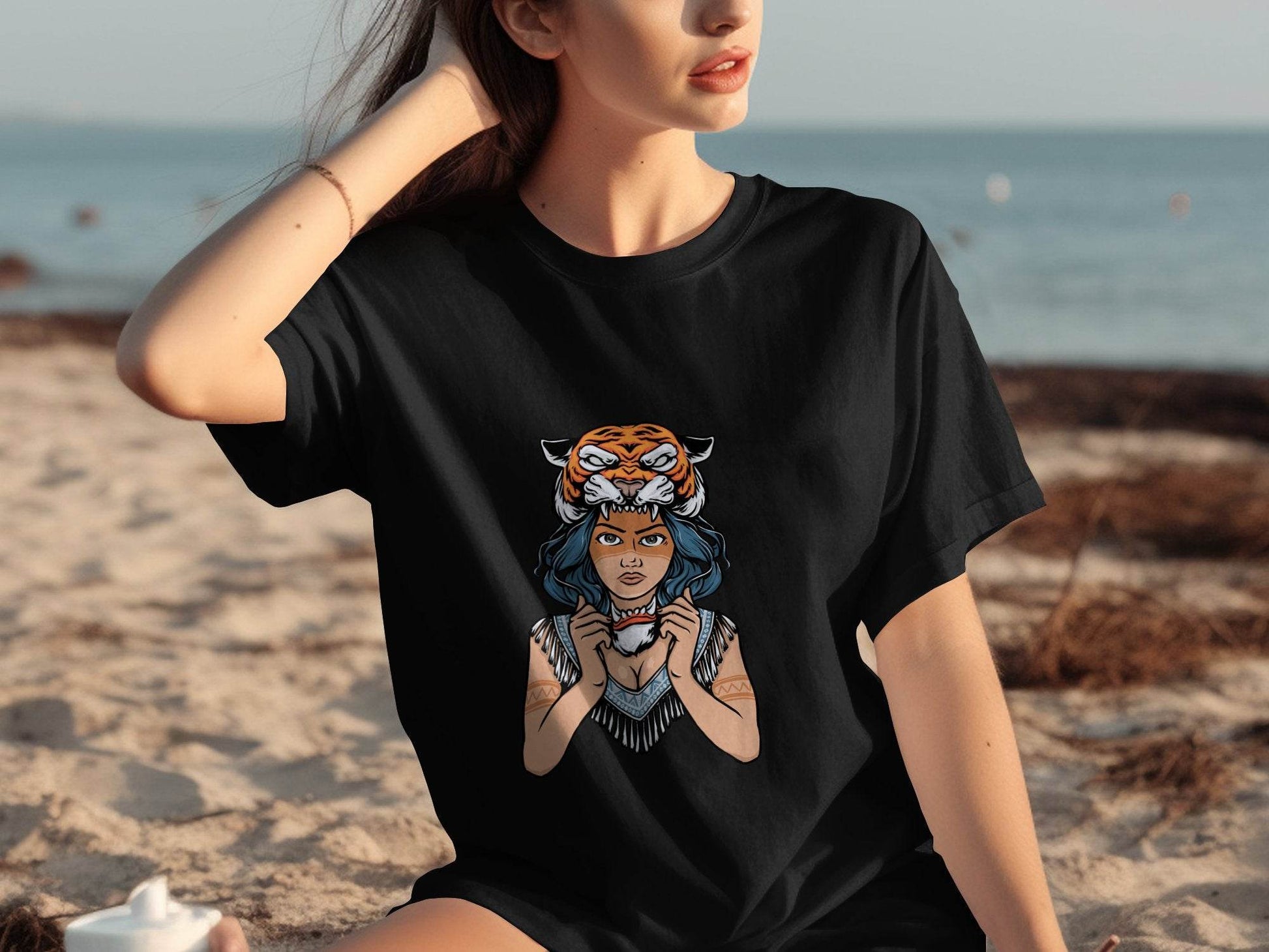 Fierce Tiger Spirit Headdress Young Woman Design T-Shirt - Design & Vybe