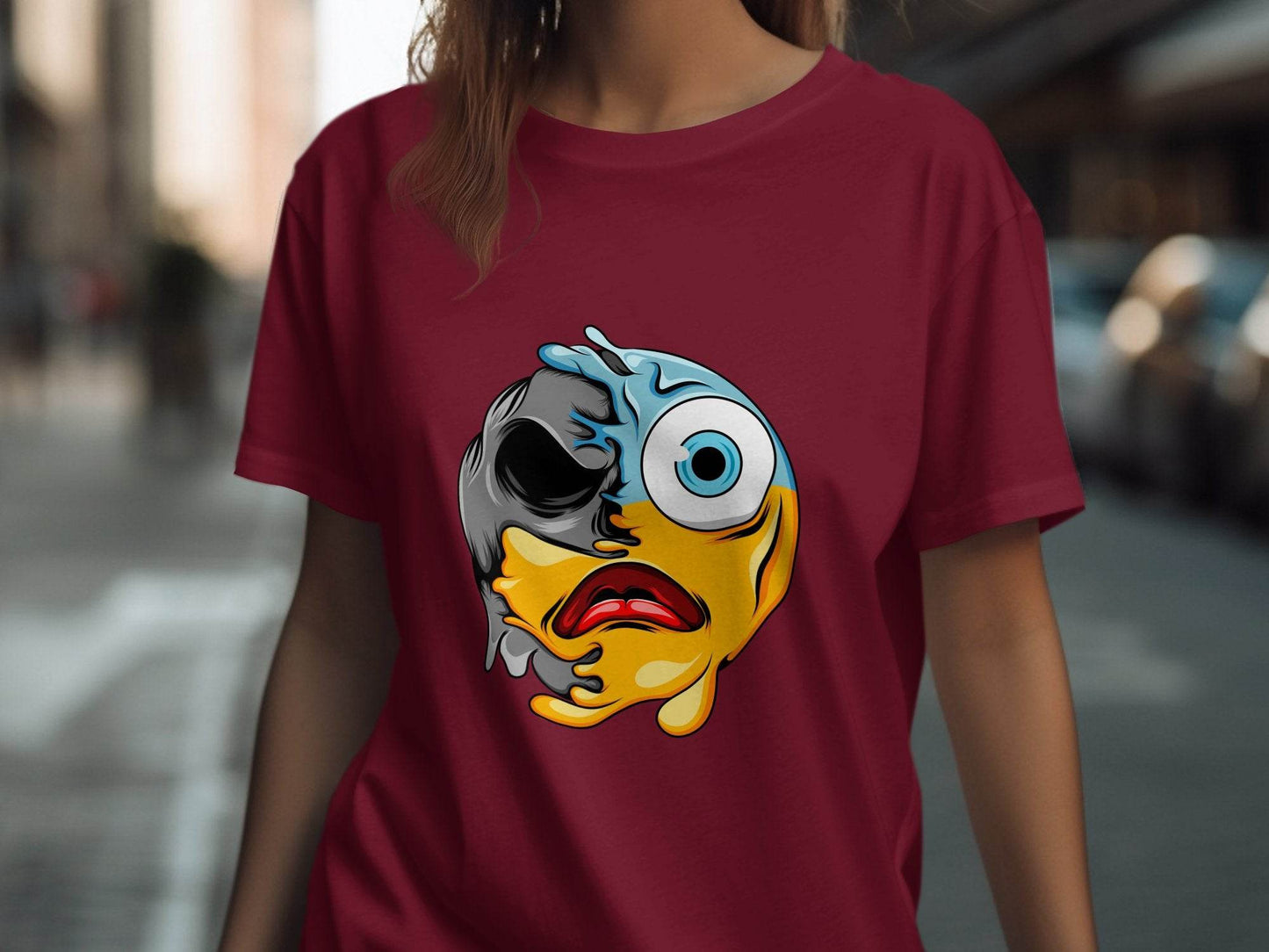 Melting Dual Face Smiley Graphic T-Shirt - Design & Vybe