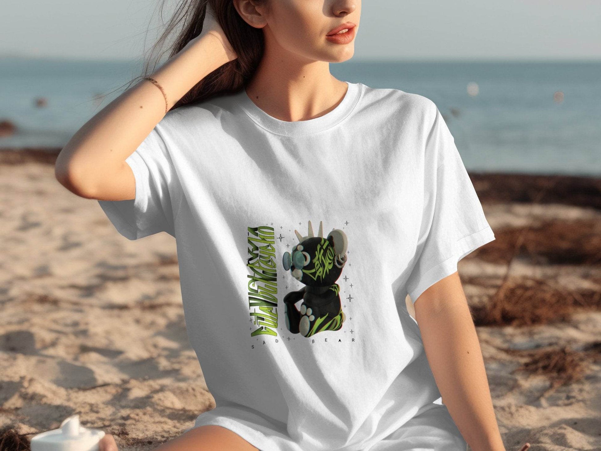 Sad Bear Black With Neon Green Graphics Design T-Shirt - Design & Vybe