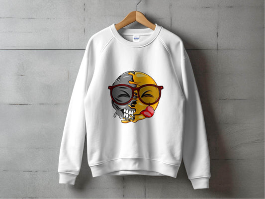 Creative Split Face Design with Bold Red Sunglasses Smiley Sweater - Design & Vybe