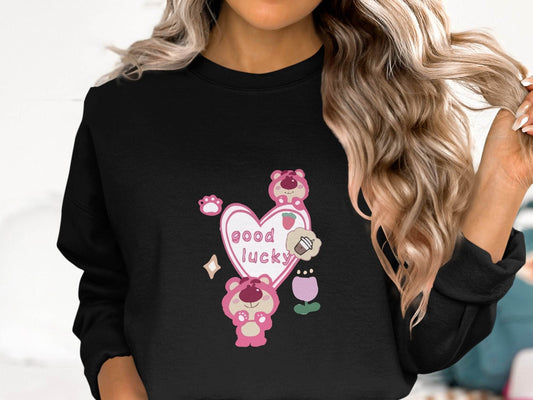 Cute Pink Bear With Good Lucky Heart Design Sweater - Design & Vybe