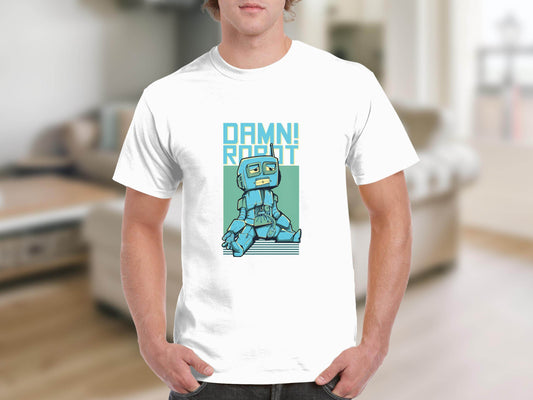 DAMN! Sad Robot Art With Greenish Backdrop Design T-Shirt - Design & Vybe
