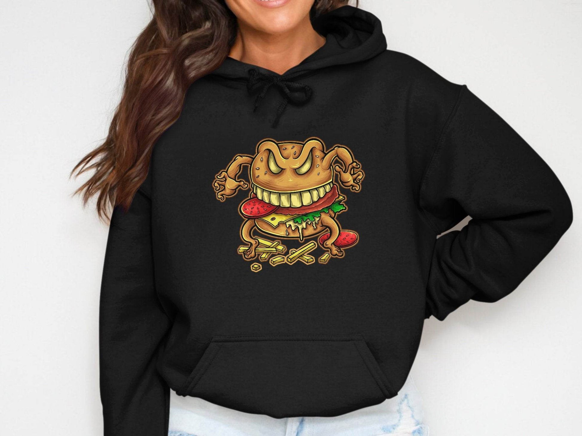 Quirky Cartoon Monster Cheeseburger Graphic Hoodie - Design & Vybe
