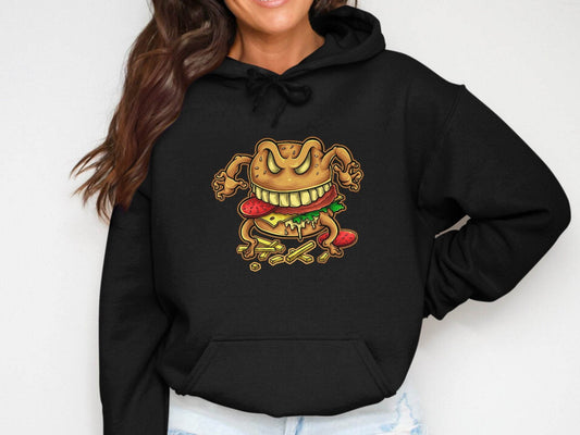Quirky Cartoon Monster Cheeseburger Graphic Hoodie - Design & Vybe