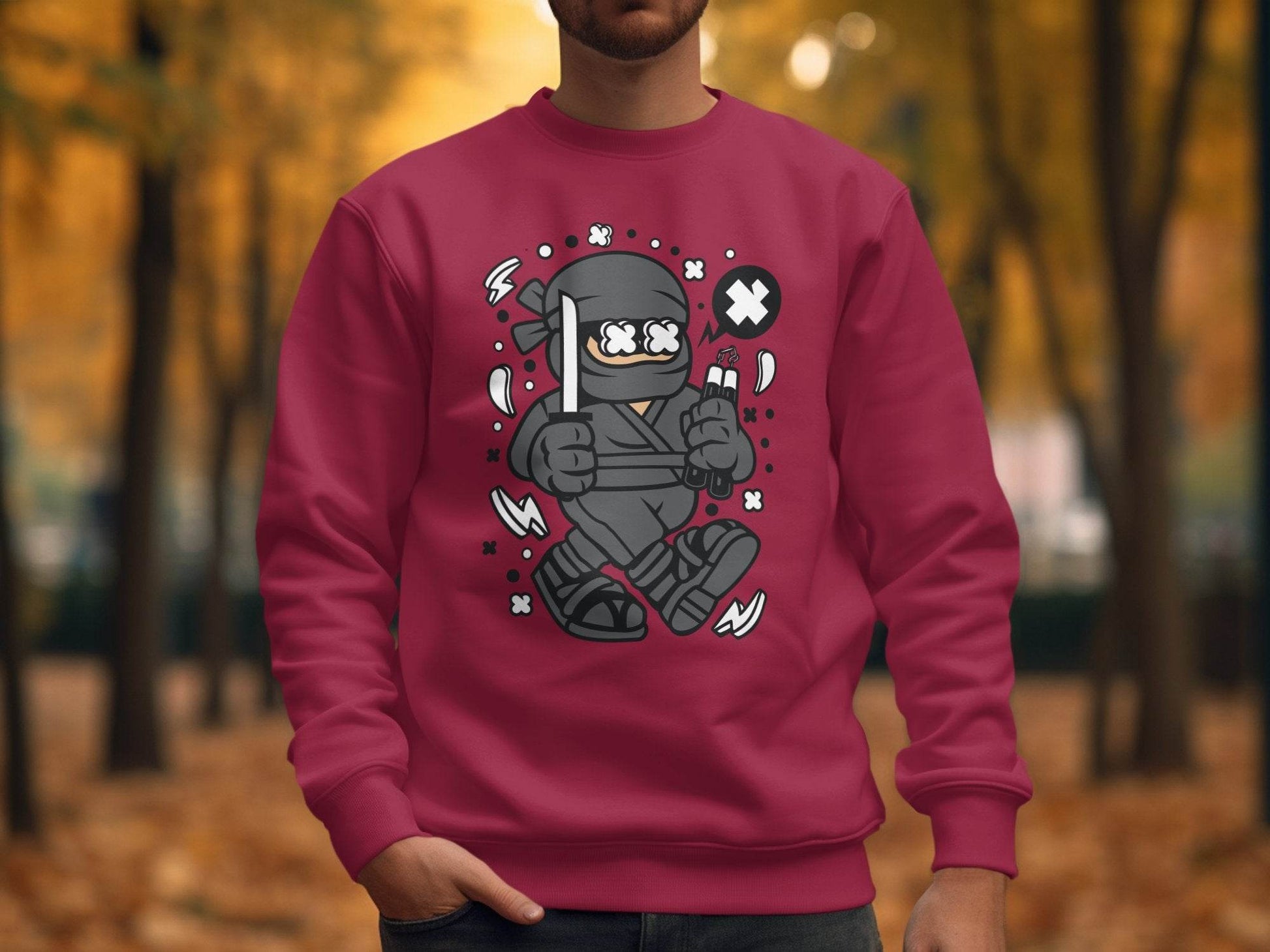 Ninja Cartoon Character with Nunchucks Graphic Sweater - Design & Vybe