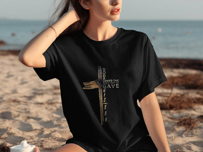 God so Loved the World Christian Wooden Cross Bible T-Shirt - Design & Vybe