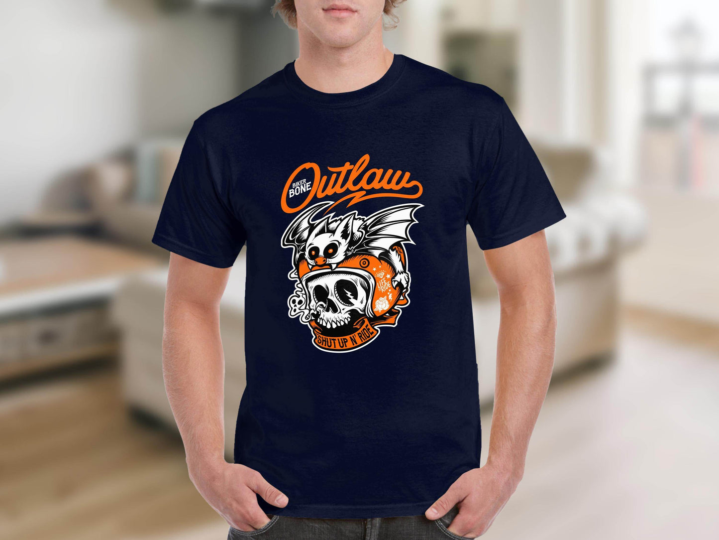 Bold Graphic Outlaw Bat Illustration on Skull T-Shirt - Design & Vybe