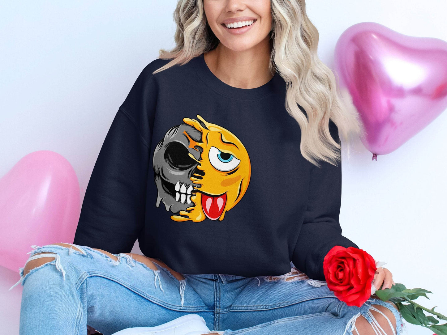 Edgy Skull and Funny Face Duality Creative Smiley Sweater - Design & Vybe