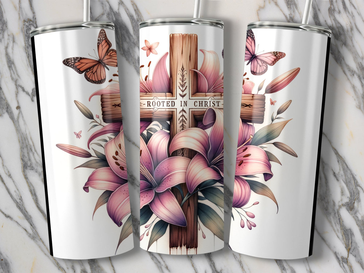 Rooted In Christ Cross With Lilies Tumbler product