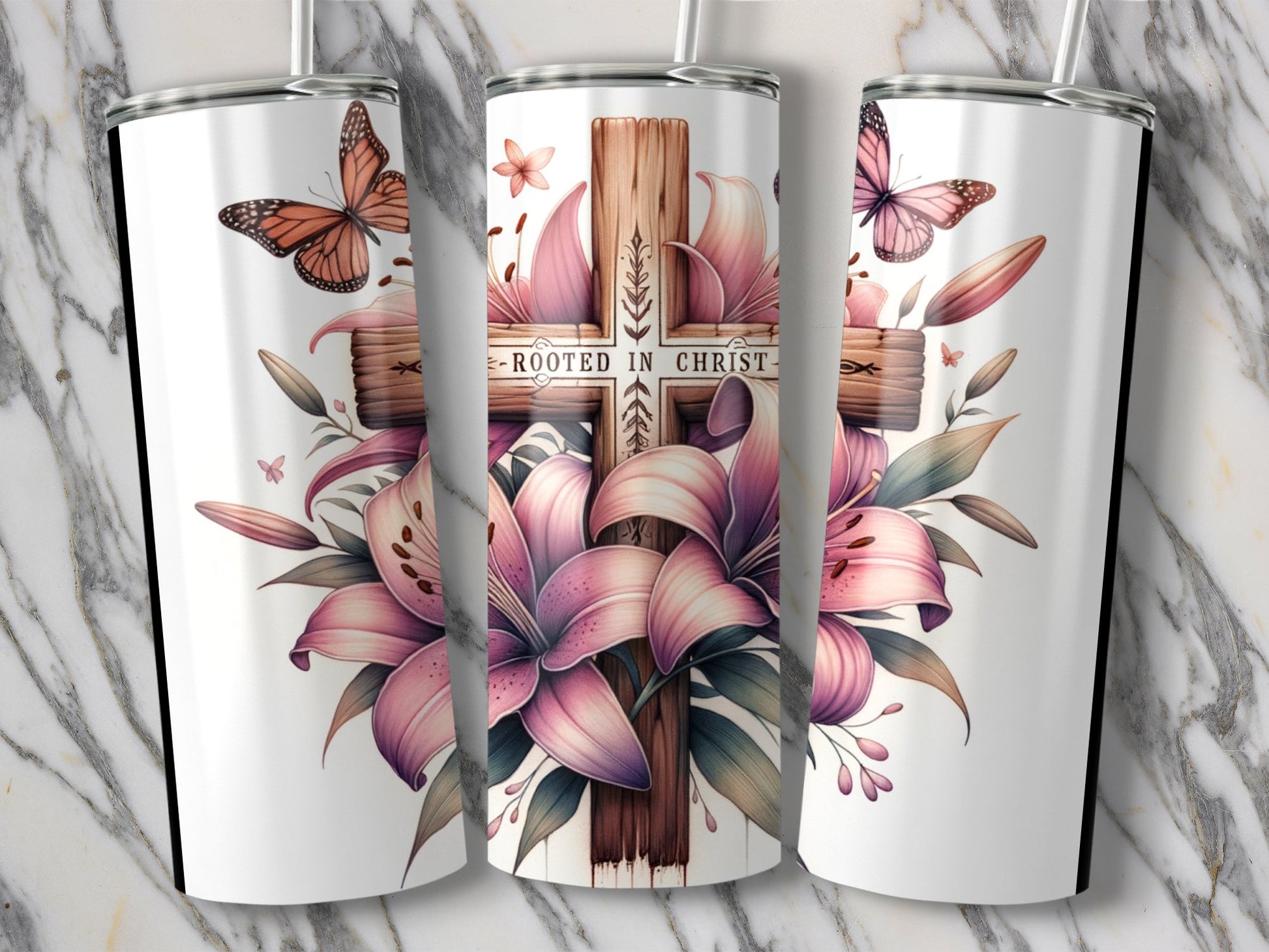 Rooted In Christ Cross With Lilies Tumbler product