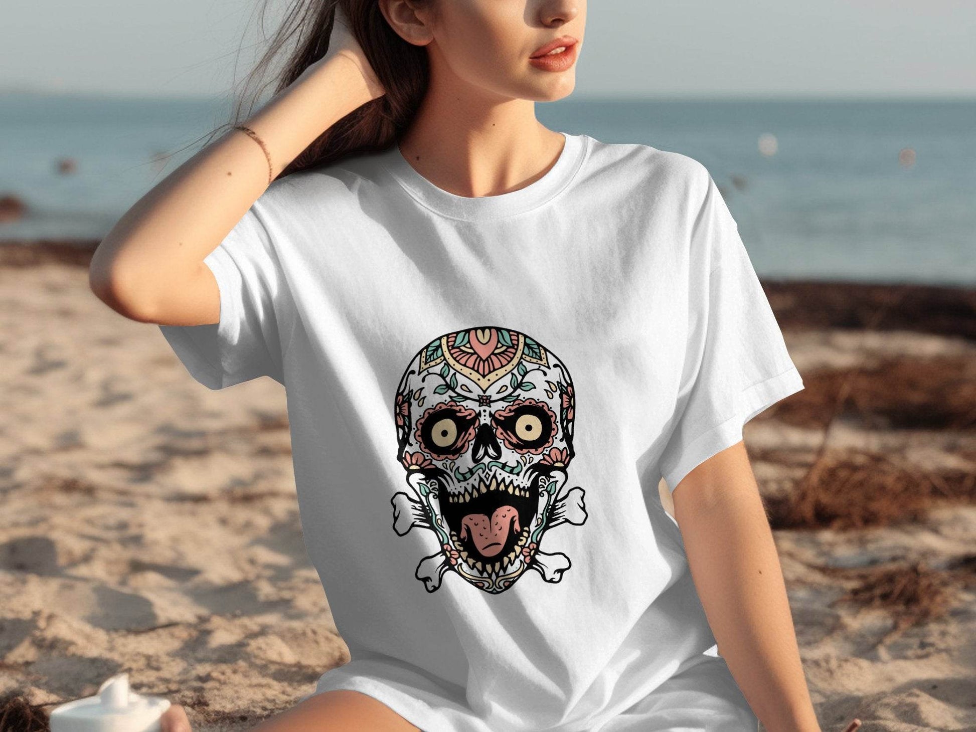 Skull with Floral Pattern on a Bone Design Graphic T-Shirt - Design & Vybe