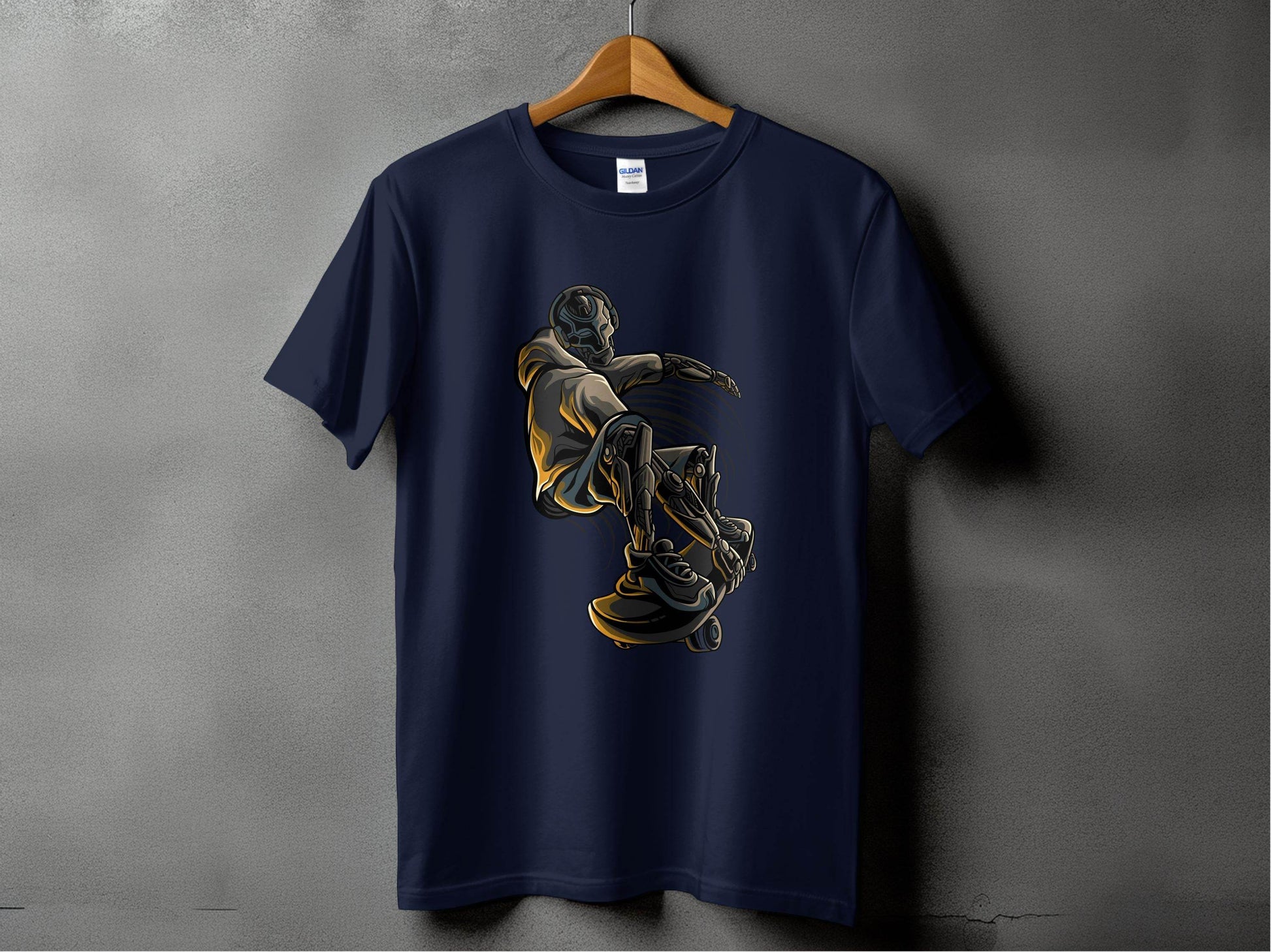 Futuristic Robot Skateboarding Graphic on Trendy T-Shirt - Design & Vybe
