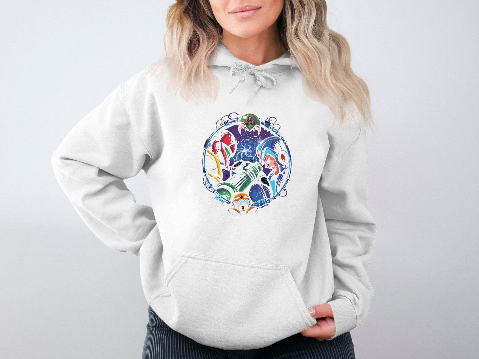 Metroid Meets Mega Man Character Design in Space Hoodie - Design & Vybe