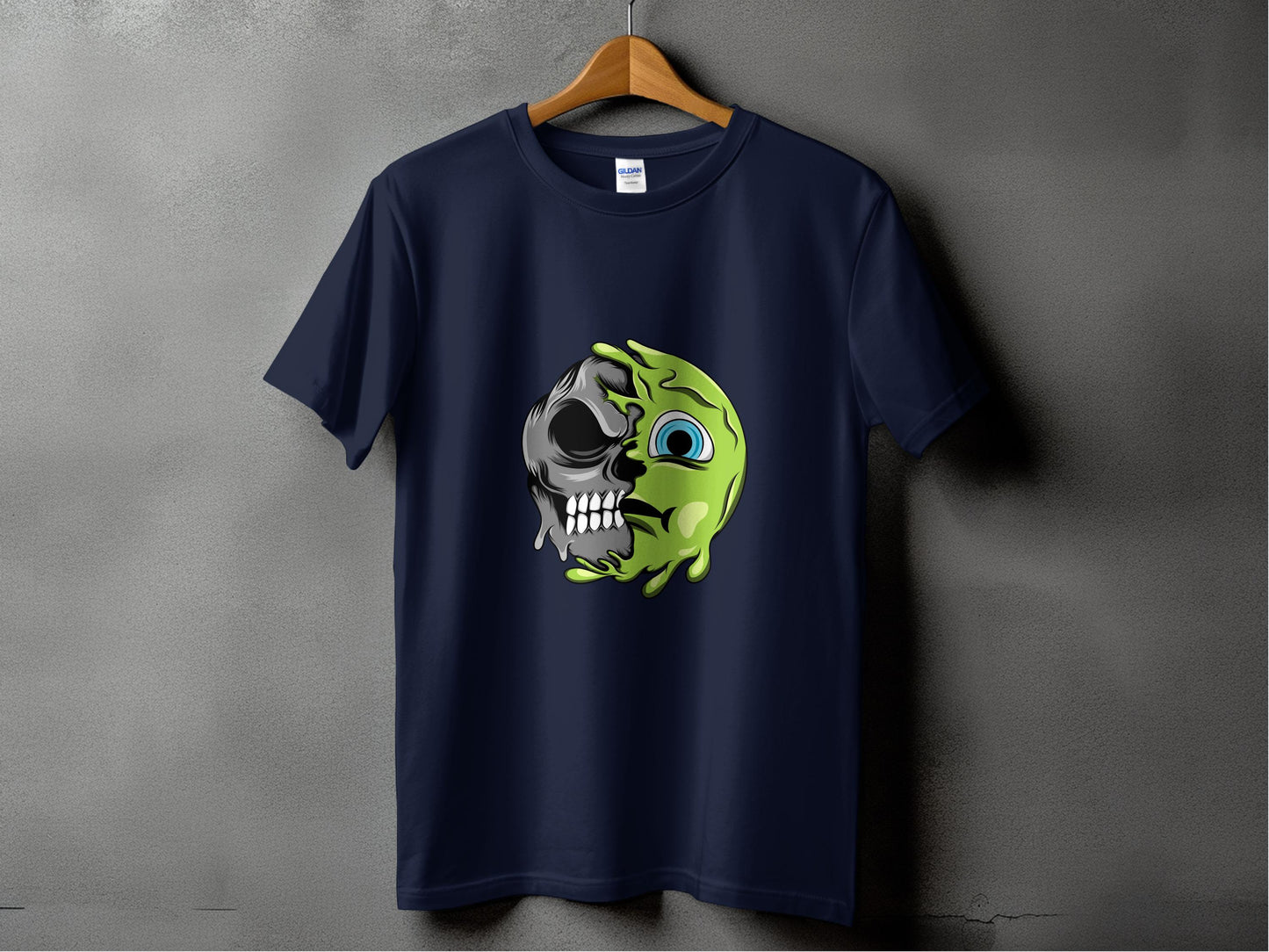 Unique Dark Blue Tee with Skull and Green Face Design Product Type