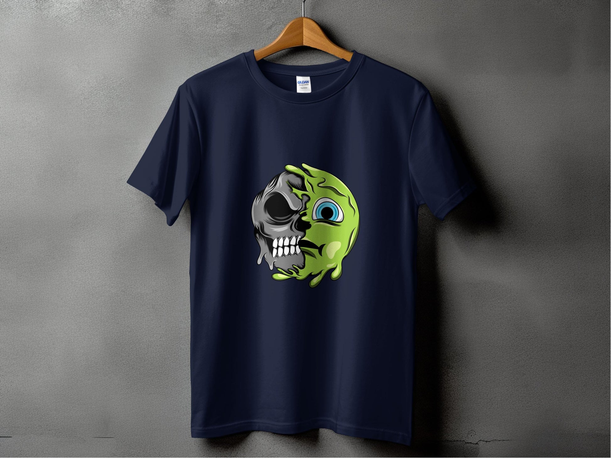 Unique Dark Blue Tee with Skull and Green Face Design Product Type