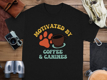 Motivated By Coffee Canines Graphic Art Novelty T-Shirt - Design & Vybe