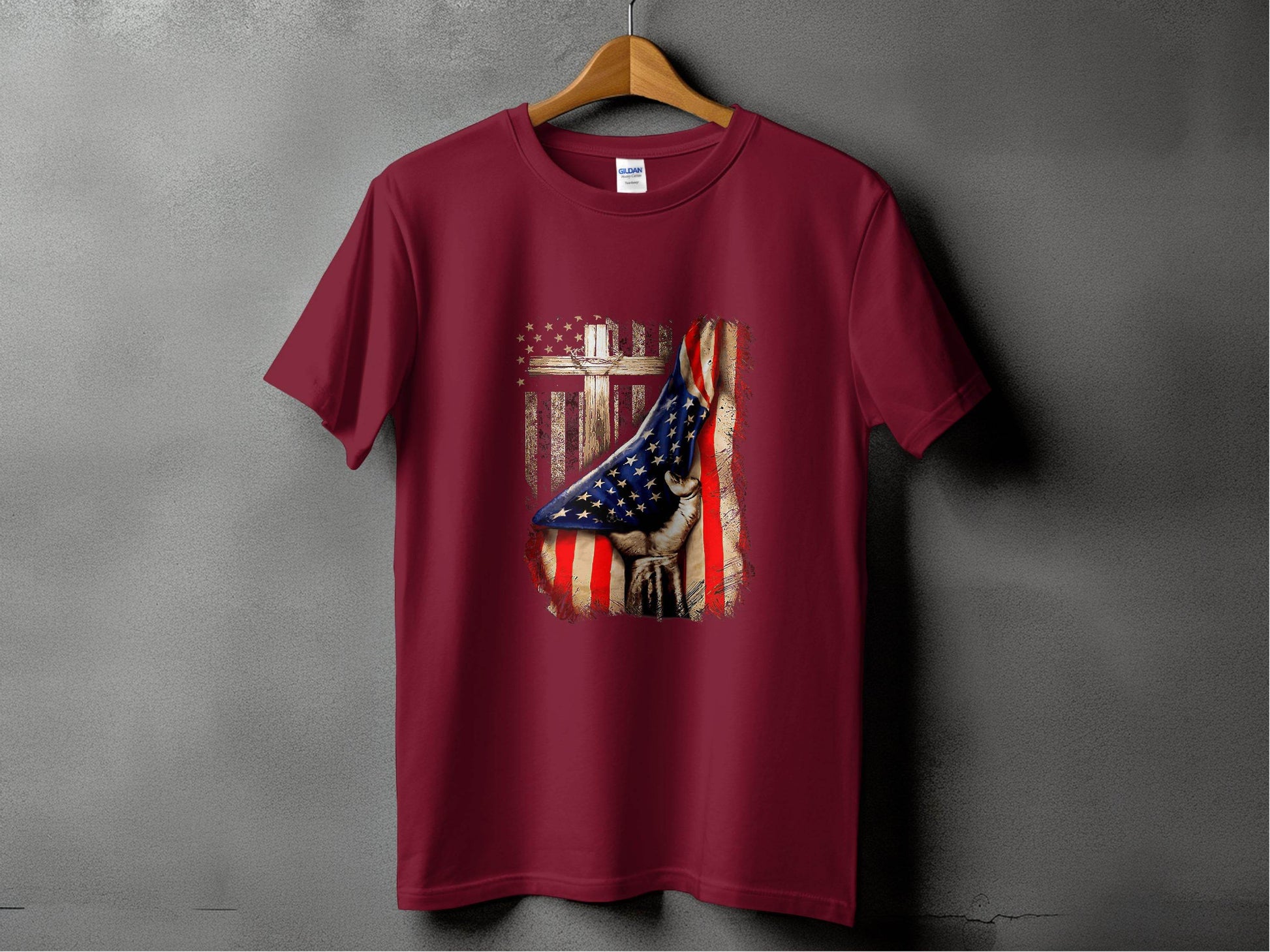 American Flag Plus Cross Held in Hand Design T-Shirt - Design & Vybe