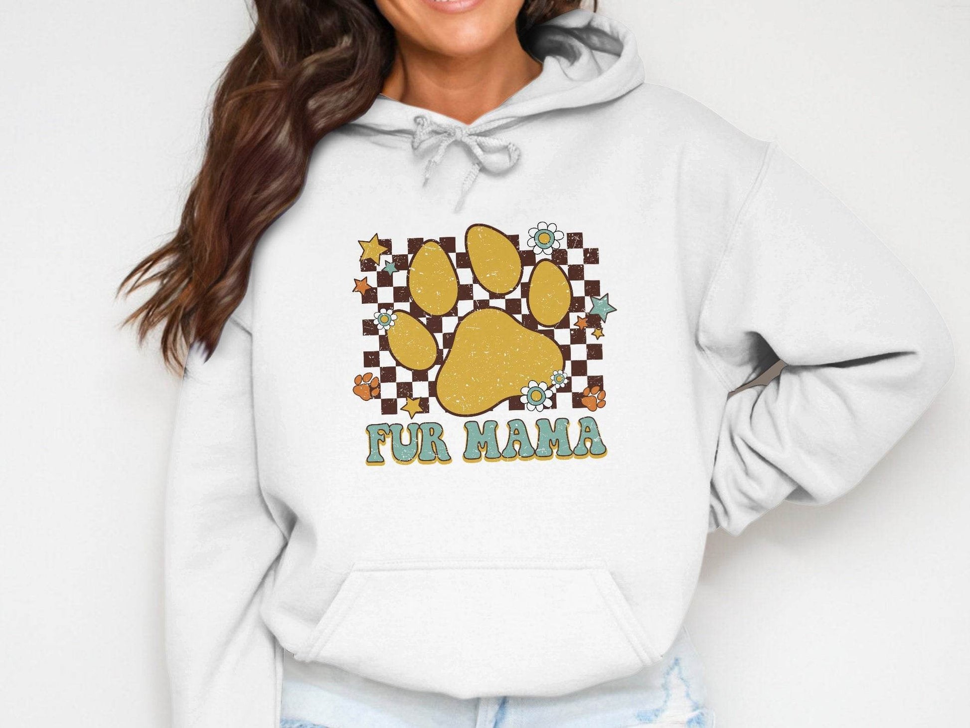 Fur Mama Paw Print Stars Flowers Checkered Pattern Hoodie - Design & Vybe