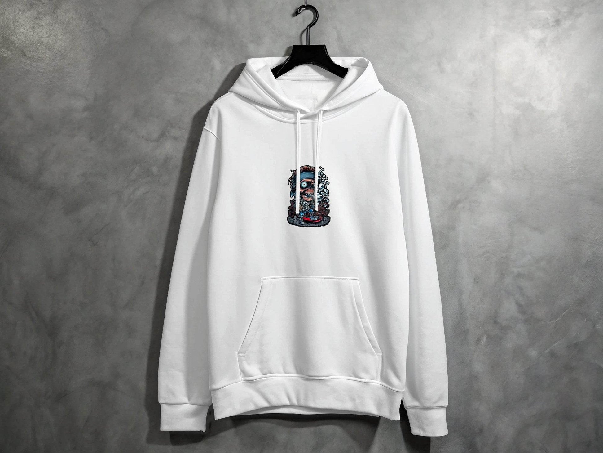 Skull On Skateboard Smoking Cartoon Art Illustration Hoodie - Design & Vybe