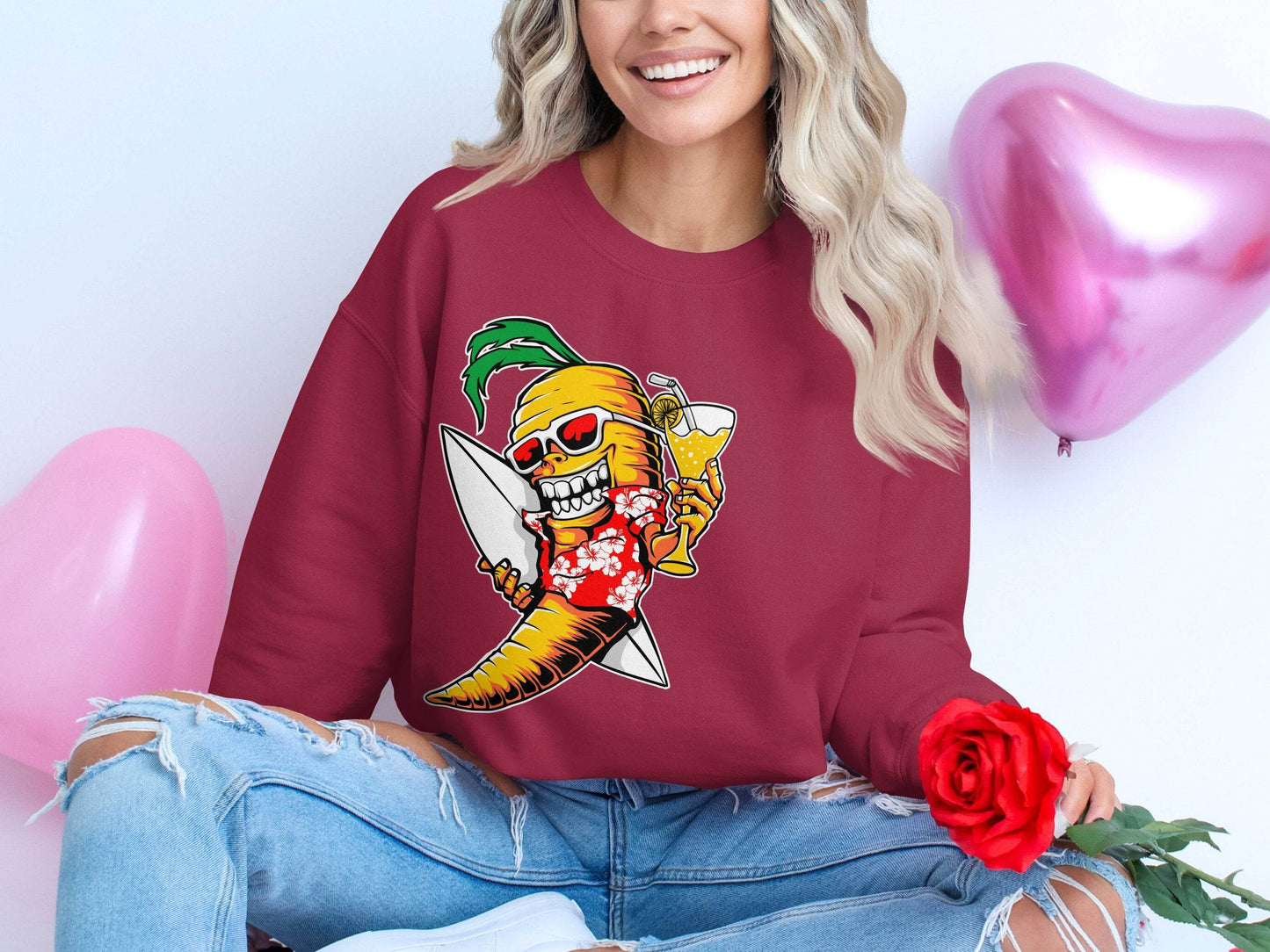 Tropical Vibes Surfboard Carrot Skeleton Graphic Sweater - Design & Vybe