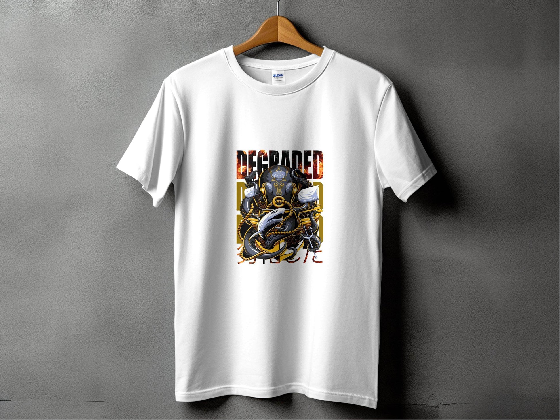 Degraded Design with Shark Anchor Octopus Artwork T-Shirt - Design & Vybe