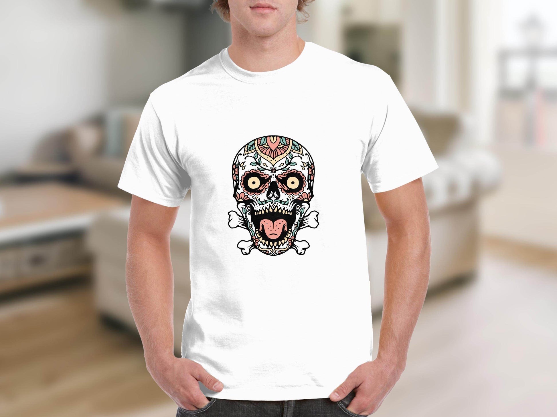 Skull with Floral Pattern on a Bone Design Graphic T-Shirt - Design & Vybe