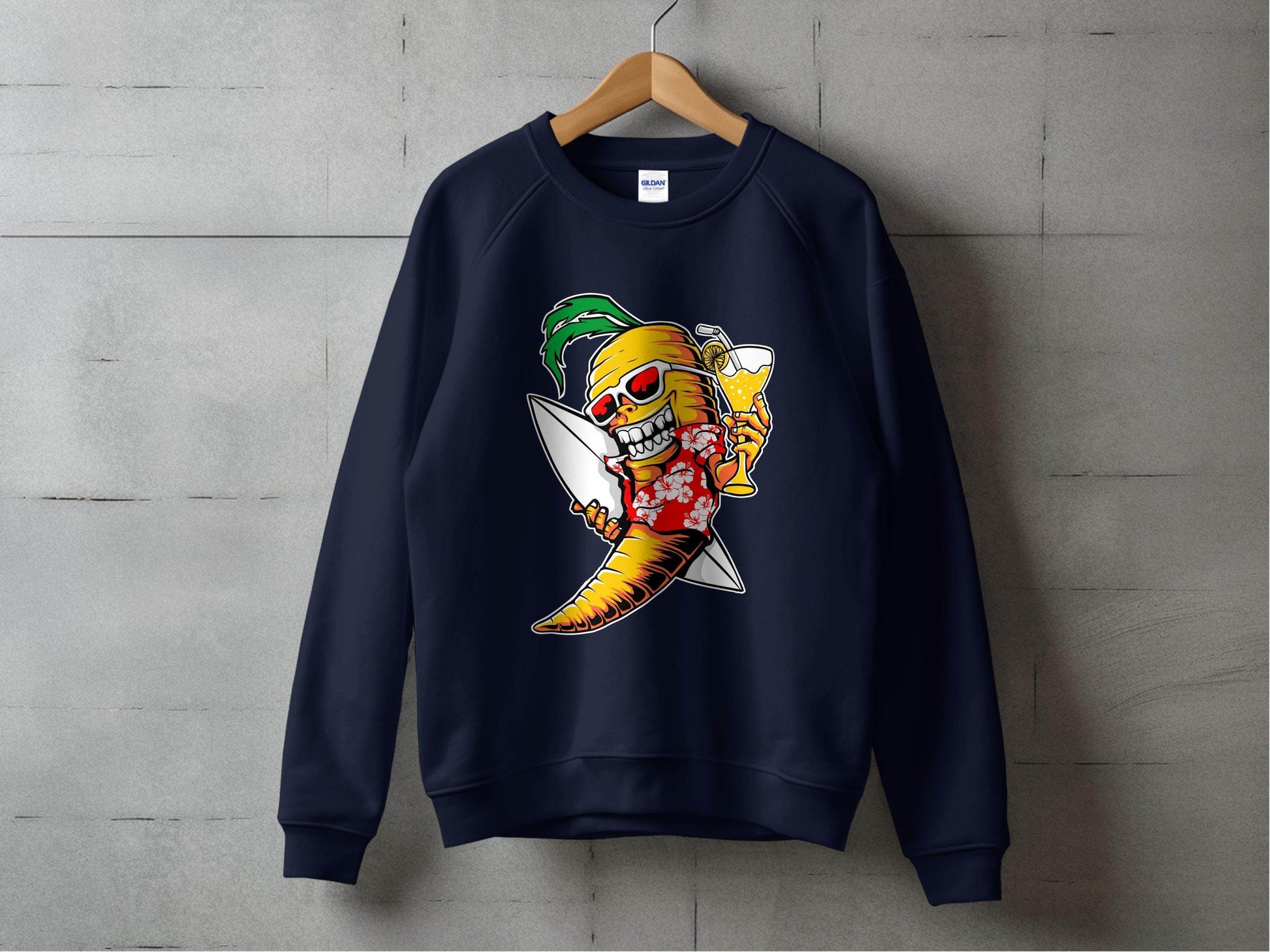 Tropical Vibes Surfboard Carrot Skeleton Graphic Sweater - Design & Vybe