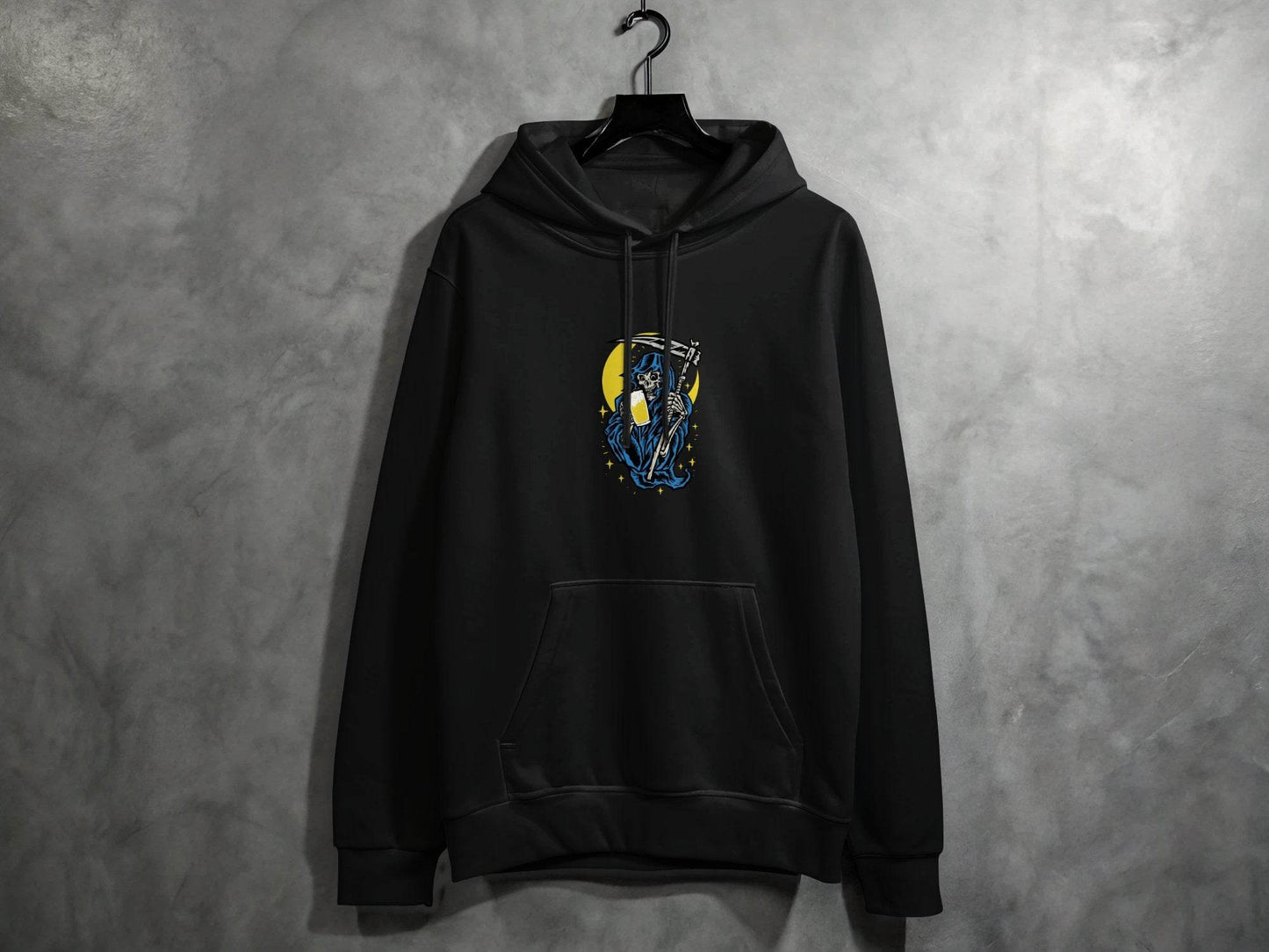 Grim Reaper Holding Beer Glass With Crescent Moon Hoodie - Design & Vybe