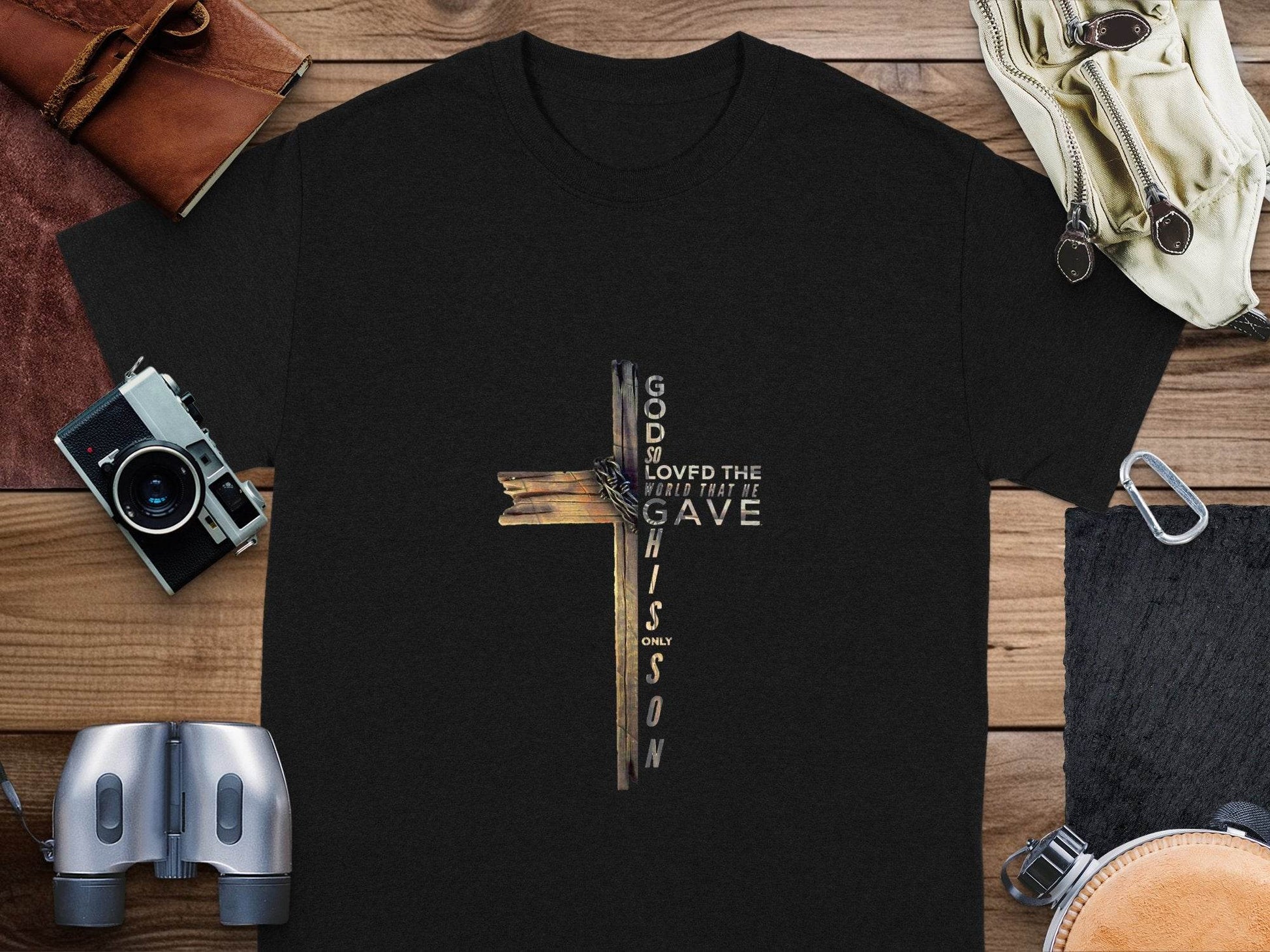 God so Loved the World Christian Wooden Cross Bible T-Shirt - Design & Vybe