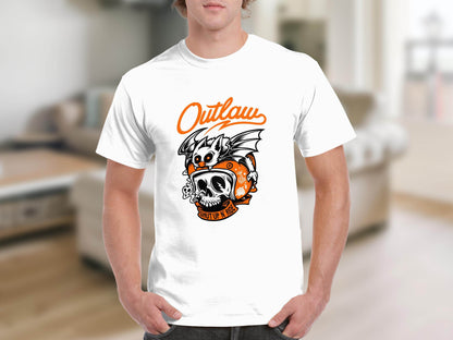 Bold Graphic Outlaw Bat Illustration on Skull T-Shirt - Design & Vybe