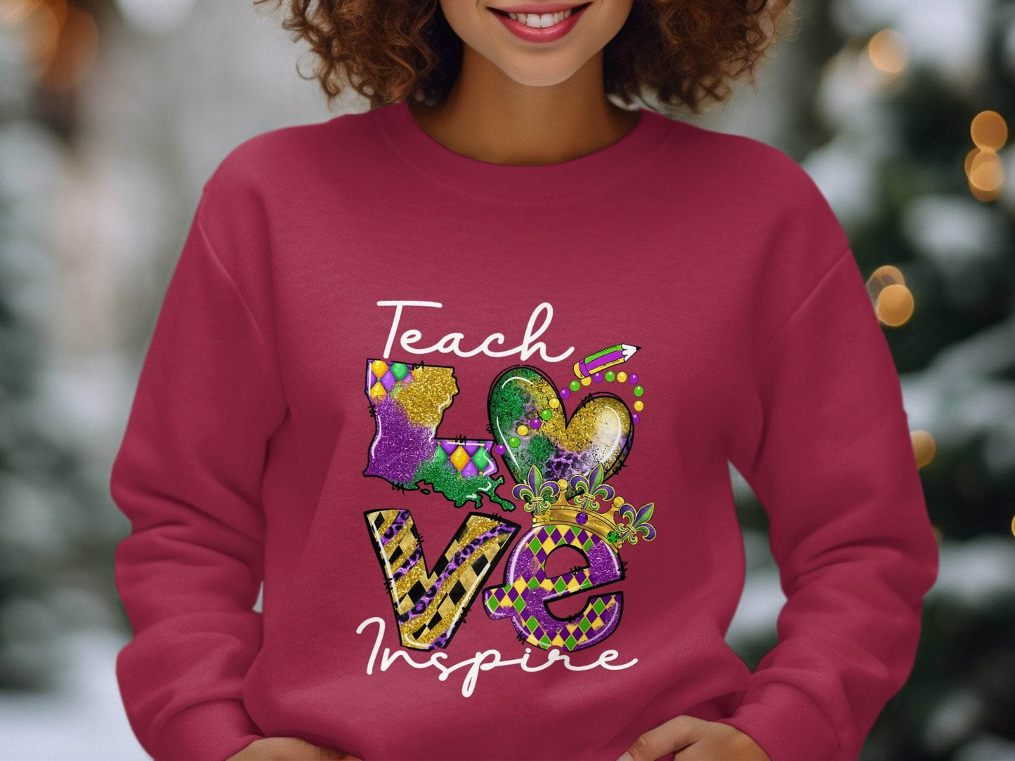 Teach Love Inspire Louisiana Heart Crown Mardi Gras Sweater - Design & Vybe