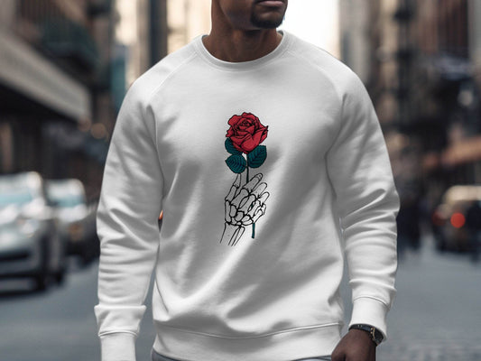 Skeletal Hand Holding Red Rose Floral Design Sweater - Design & Vybe