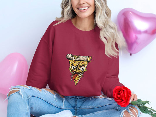 Creepy Pizza Slice with Evil Face Graphic Print Sweater - Design & Vybe