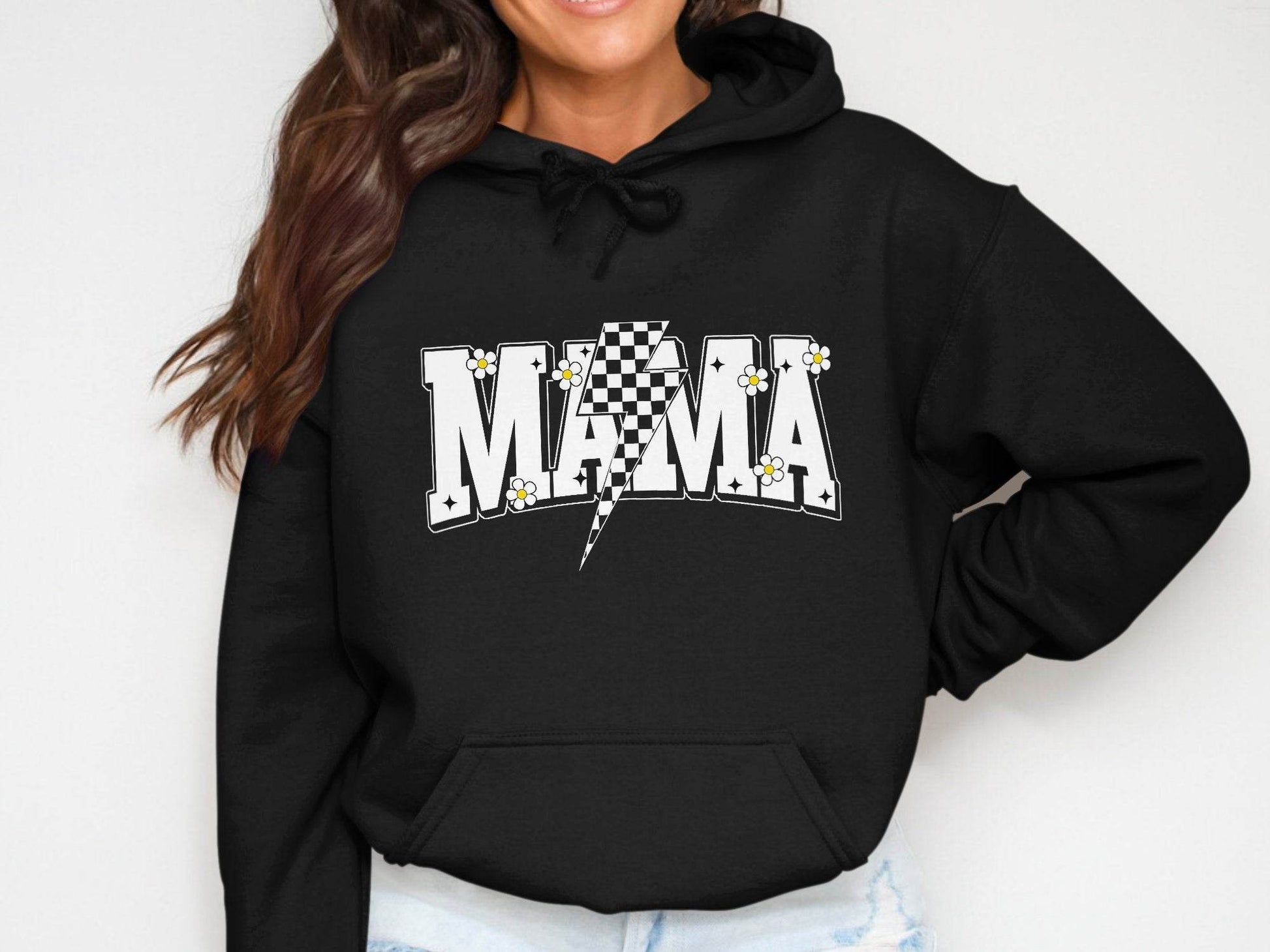 Retro Mama Checkered Bolt Floral Design Graphic Hoodie - Design & Vybe