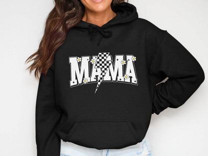 Retro Mama Checkered Bolt Floral Design Graphic Hoodie - Design & Vybe